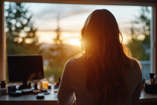 A serene image depicting a woman with long hair gazing at a beautiful sunset outside her window, conveying calmness and contemplation in a cozy setting.
