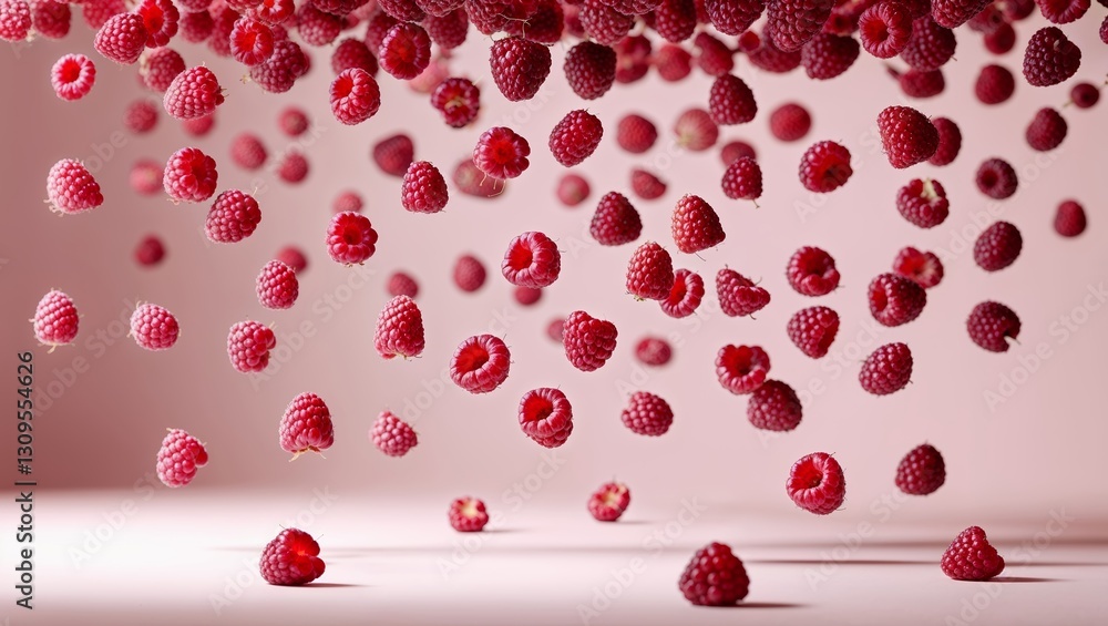 Poster fresh raspberries cascade against a soft pink background creating a vibrant and dynamic display of f