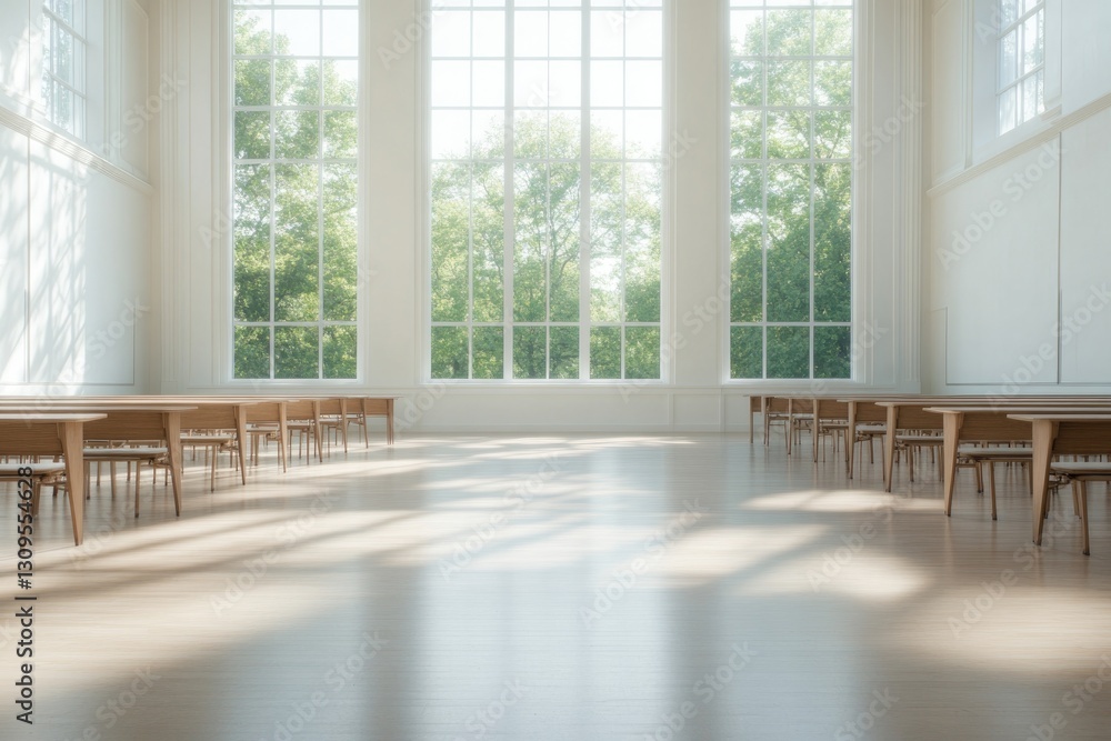 Poster empty lecture hall bathed in natural light through large rows of wooden desks and chairs arranged in