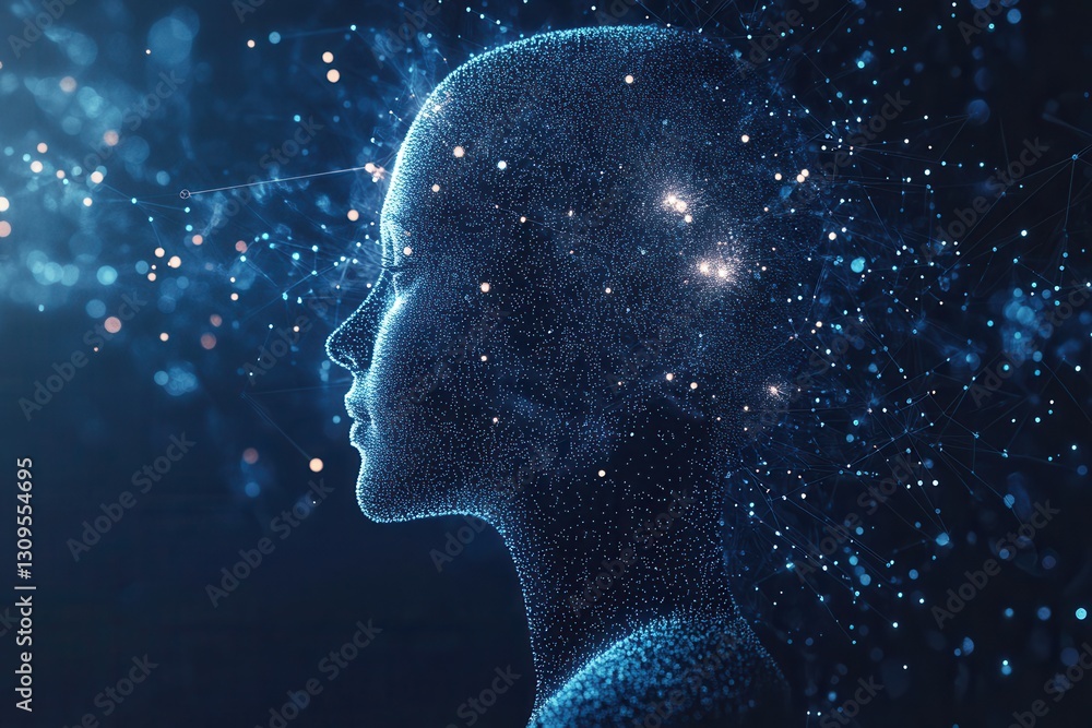 Aufkleber futuristic portrayal of ai driven politics with abstract digital particles forming a human silhouett