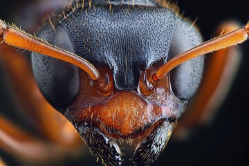 Close-up view of a black ant showcasing intricate details of its head and mandibles in natural lighting