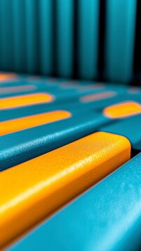 Close up view of textured parallel bars in shades of teal and orange. The image features a shallow depth of field, highlighting the surface texture and the contrast between the colors.