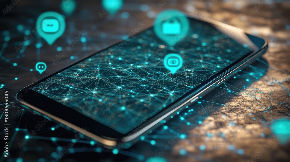 Poster smartphone with chat notifications floating in digital space.