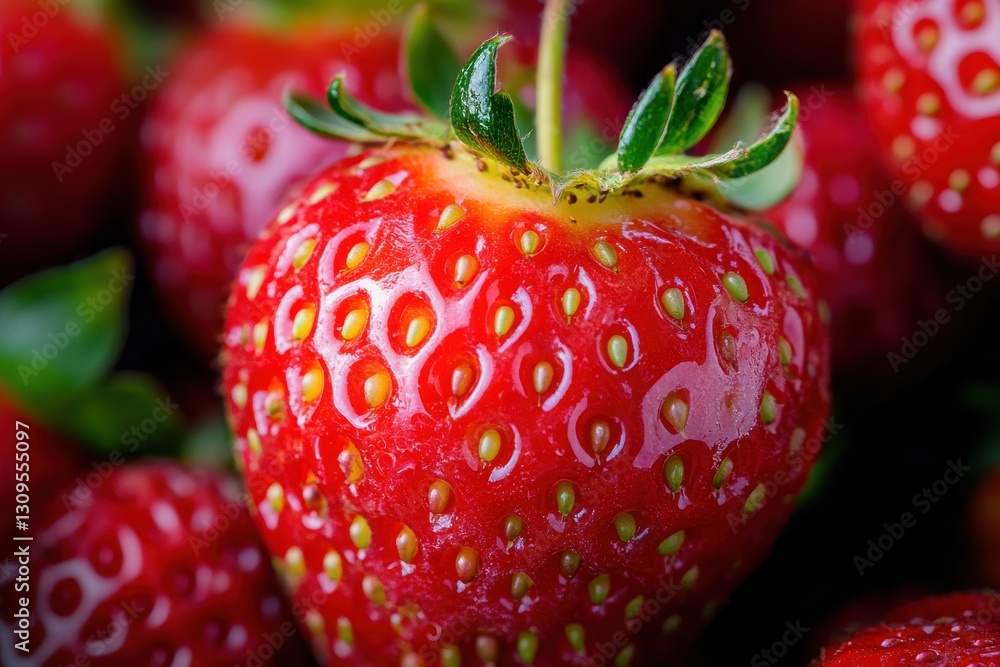 Aufkleber fresh red strawberry with vibrant green leaves displaying natural shine and texture in a close-up vi