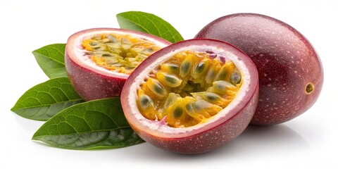 Naklejka premium Passion Fruit Still Life Halved Exotic Fruits with Green Leaves on White, Tropical , Healthy