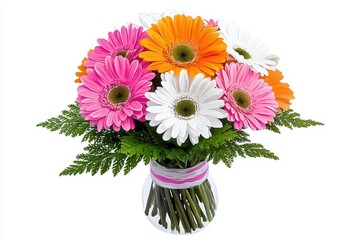 A Bright and colorful bouquet of gerbera daisies in clear vase, featuring pink, orange, white, and yellow flowers, surrounded by lush green leaves, creating cheerful atmosphere