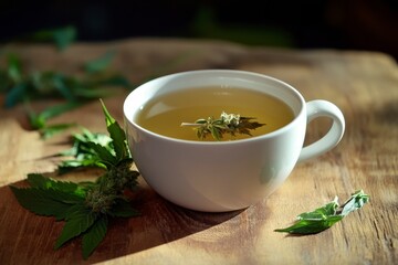 Herbal Cannabis Tea in White Cup on Wooden Table