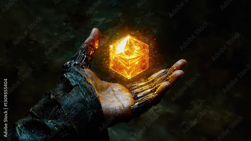 Poster glowing crystal cube futuristic setting digital art mysterious environment close-up view concept of 