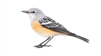 Fototapeta premium A small mockingbird with a gray head and orange belly, standing on a white background, showcasing its delicate features and unique coloration.