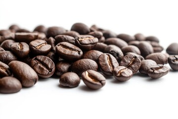 Naklejka premium Freshly roasted coffee beans displayed on a clean surface ready for brewing rich and aromatic coffee experiences at home