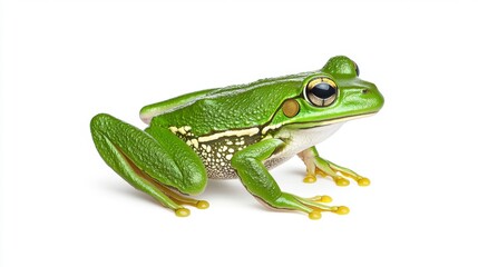 Fototapeta premium A vibrant green frog with distinctive markings, perched on a white background, showcasing its unique features and colors.