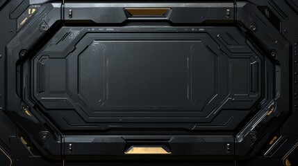 Obraz premium Textured dark gray metal panel with geometric details and gold accents. Industrial design and technological background