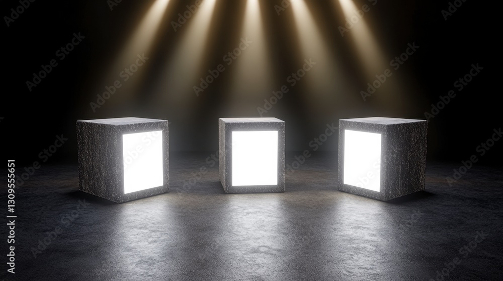 Poster three illuminated cubic displays on a dark textured surface, spotlit from above, creating a dramatic