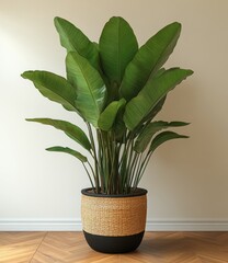 Obraz premium Lush Green Indoor Plant in Modern Pot with Natural Fiber Base Enhancing Minimalist Living Space Decor for Homes or Offices