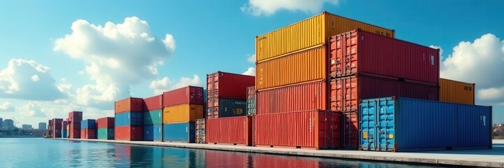 Vibrant stacked shipping containers, pyramid form , pyramid, export, design