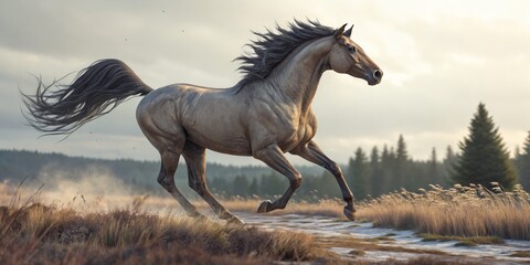 Fototapeta premium Magnificent Gray Horse Galloping in Meadow, Motion Blur, Equine Art , Animals