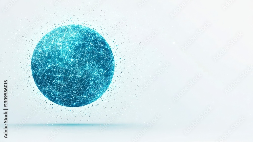 Poster a glowing blue planet with shimmering particles, set against a light background, creating a magical 