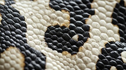 Fototapeta premium Intense black-and-white hexagonal patterns mimic snake scales, creating an intriguing textured surface with a striking diagonal arrangement