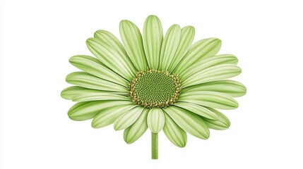 A vibrant green daisy flower with broad petals and a textured center, set against a plain background, symbolizing freshness and nature.