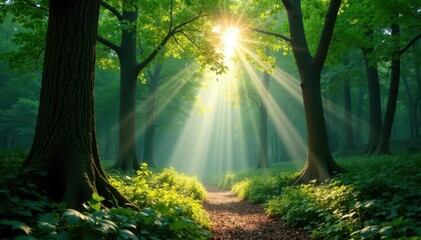 Obraz premium Wide angle shot, sun rays filtering through lush forest canopy, panorama, foliage