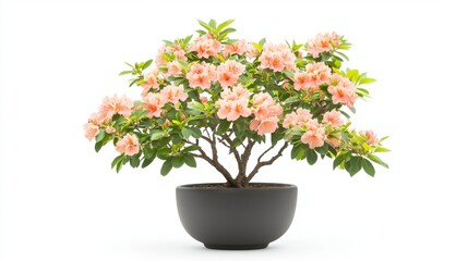 Naklejka premium A beautiful potted azalea plant with pink flowers, featuring lush green leaves, displayed in a simple black pot against a white background.