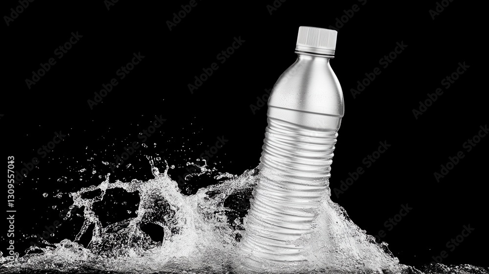 Poster water bottle splashing into water, creating a wave. the bottle is transparent and slightly tilted, s