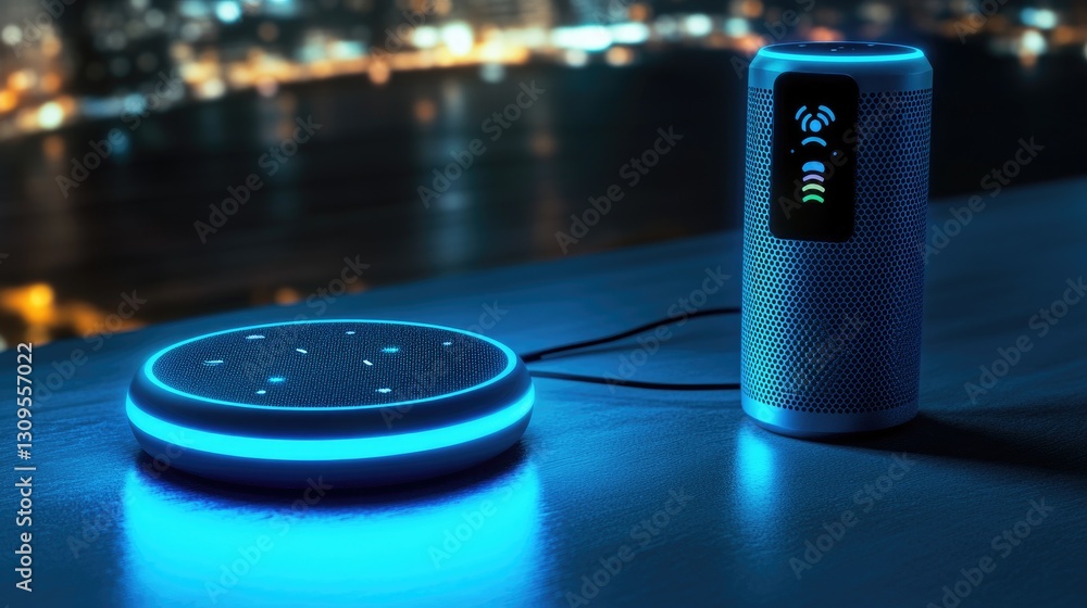 Aufkleber virtual assistant concept with a smart speaker and phone call notification.