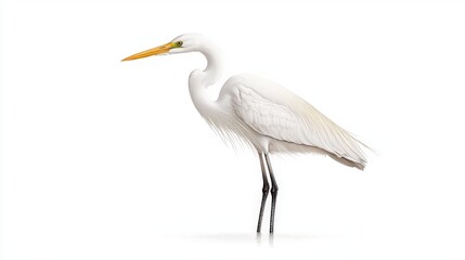 Obraz premium A graceful white heron stands elegantly on one leg against a plain background, showcasing its long neck and striking yellow beak.
