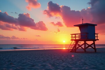 Lonely lifeguard tower at sunset, empty beach , tower, nature, isolated