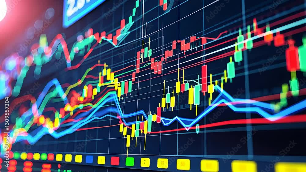Poster dynamic stock market chart with colorful financial graphs, trading indicators, and real-time data on