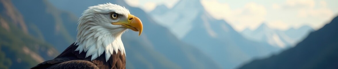 Obraz premium Majestic eagle head, sharp focus, mountain backdrop, mountain view, wild animal