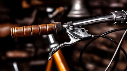Close-up of vintage bicycle handlebar with leather grip and brake lever against blurred background