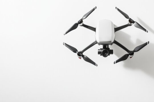capture sleek modern drone positioned diagonally atop seamless white backdrop shadows emphasize its angular lines propellers