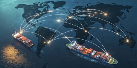 Global Shipping Network Container Ships Connected on World Map, Logistics, Supply Chain