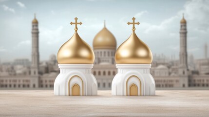 Fototapeta premium Two small white and gold churches stand in the foreground against a blurred background of a large cathedral and minarets under a cloudy sky.