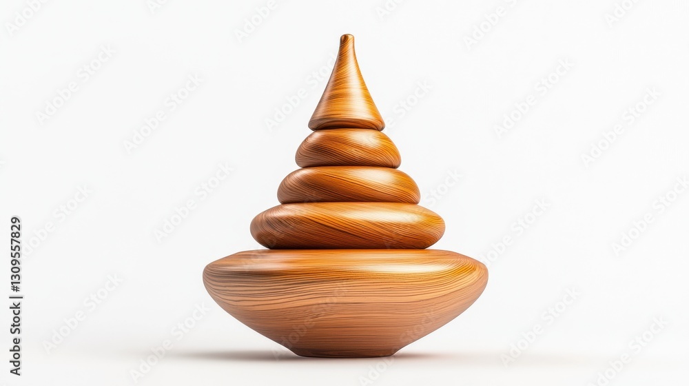 Poster a wooden stacking toy with a cone-shaped design, featuring smooth, rounded layers in a natural finis