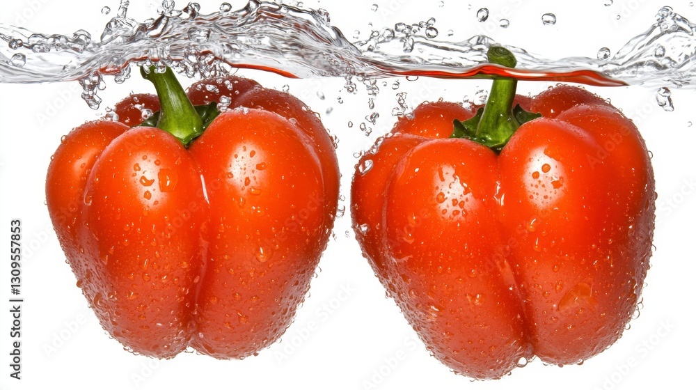 Poster two ripe red bell peppers submerged in water, creating splashing waves. close up view showcasing vib
