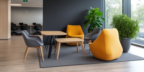 A room with a yellow chair and a green plant. The room is decorated with a variety of chairs and a table