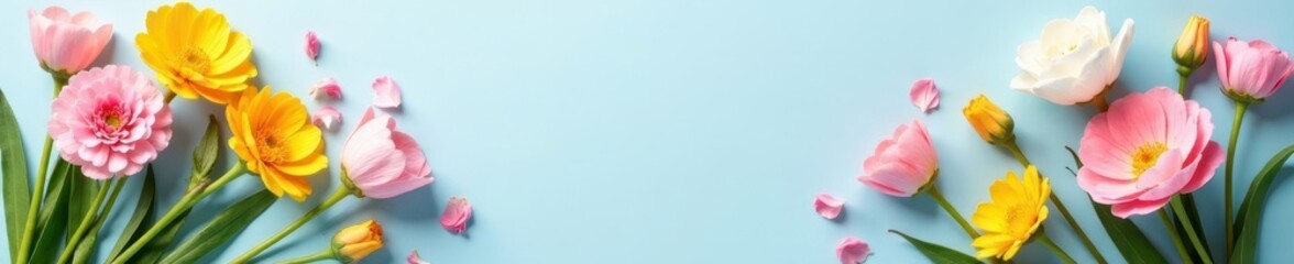 Fototapeta premium Pastel spring flowers arranged on a clear desk , daffodils, office, tulips