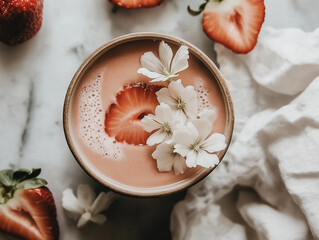 Strawberries and Cream Yogurt dish from above, gourmet healthy snack 