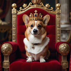 Royal Corgi King on a Throne with Golden Crown