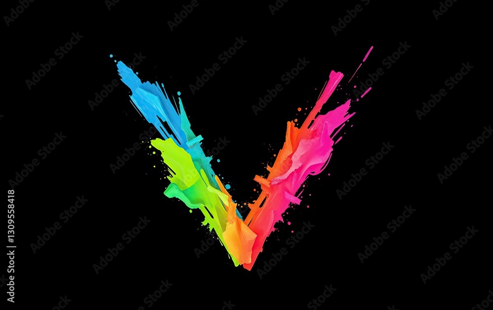 Poster letter v colorful shaped design with abstract paint splatters against dark backdrop vibrant visual