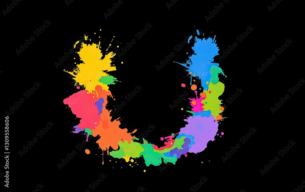 Poster colorful paint letter u splashes dynamic abstract shape against solid black backdrop