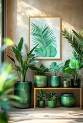 Lush Green Indoor Plants Displayed Beautifully with Leaf Art in Modern Home Decor Setting and Natural Lighting Enhancing Vivid Greenery Aesthetic