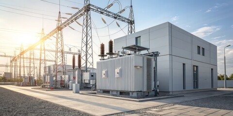Electrical Substation with Power Transformer and Steel Tower Structure,energy ,grid
