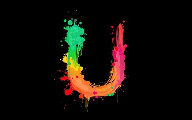 Colorful letter U design created with vibrant watercolor paint splashes and brush strokes on black background