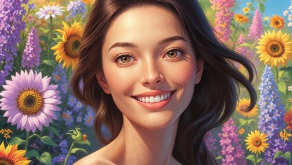 une femme souriante entourée de fleurs 