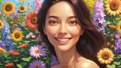 une femme souriante entourée de fleurs 