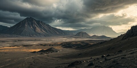 Fototapeta premium Dramatic Mountainscape under Stormy Sky Iceland Terrain, Landscape, Travel