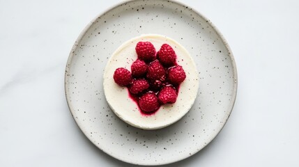 A white plate with a raspberry cheesecake on top